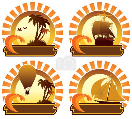 Téléchargez les illustrations : Icônes vacances d'été : ballon, bateau, île et palmiers - en licence libre de droit