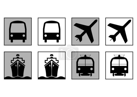 Ilustración de Trenes llanos barcos y autobuses. Símbolos de transporte. Signos informativos - Imagen libre de derechos