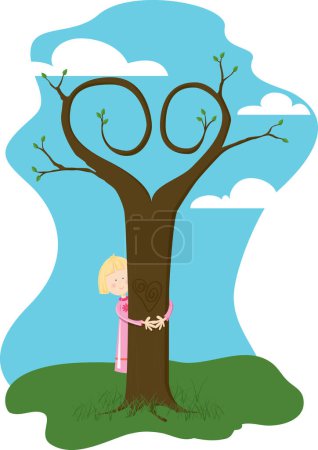 Téléchargez les illustrations : Petite fille donnant un arbre un câlin avec les branches de l'arbre en forme de coeur - en licence libre de droit