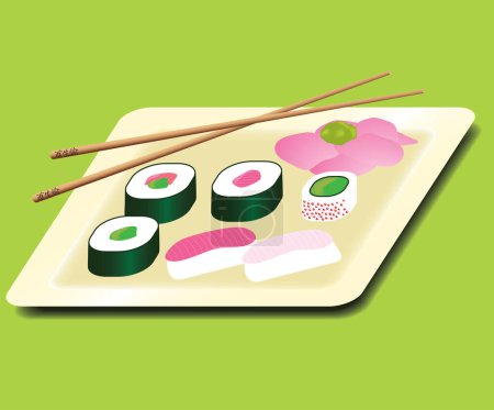 Ilustración de Una variedad de sushi en un plato con palillo y jengibre - Imagen libre de derechos