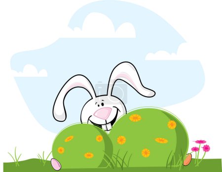 Illustration for Cartoon vector easter bunny hiding behind a bush - Royalty Free Image