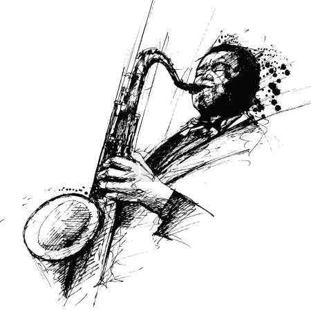 Illustration for Vector representation of a ink freehanding drawing of a jazz saxophonist - Royalty Free Image