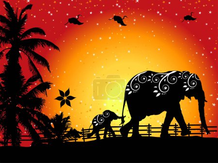 Ilustración de Familia de elefantes en caminata por la naturaleza - Imagen libre de derechos