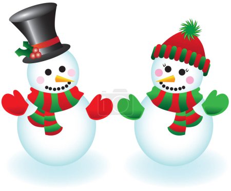 Téléchargez les illustrations : Illustration vectorielle d'un bonhomme de neige et d'une dame de neige heureux portant chapeaux, mitaines et écharpes - en licence libre de droit
