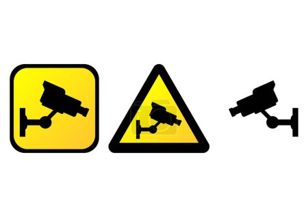 Téléchargez les illustrations : Signes d'avertissement de caméra de surveillance sur fond blanc - en licence libre de droit