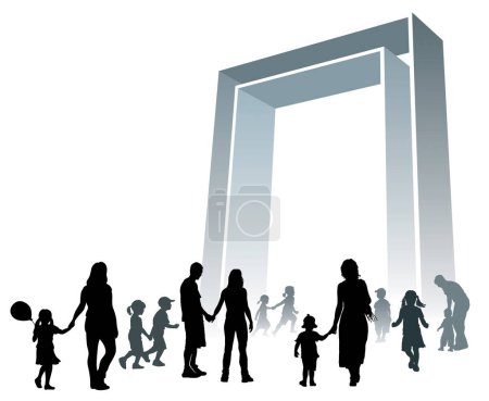 Illustration for Parents and children are going to a large gate. - Royalty Free Image