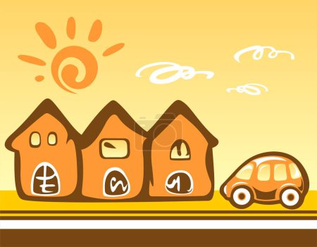 Illustration for Three cartoon houses and the car on a yellow background. - Royalty Free Image