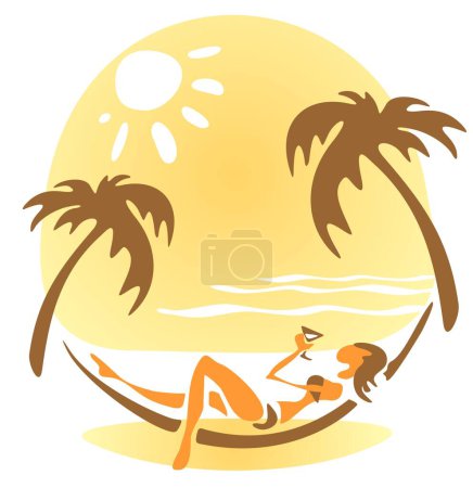 Ilustración de Linda chica acostada en una hamaca sobre un fondo de cielo con sol. - Imagen libre de derechos