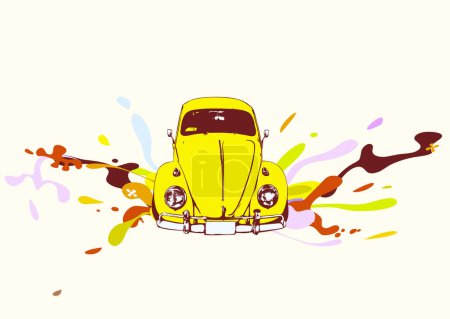 Téléchargez les illustrations : Illustration vectorielle de la vieille Volkswagen Beatle personnalisée sur fond blanc avec éclaboussures de couleur funky - en licence libre de droit
