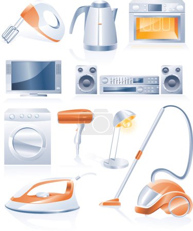 Téléchargez les illustrations : Ensemble d'appareils électroménagers aux couleurs orange et bleu - en licence libre de droit