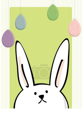 Illustration for Easter Bunny looking up at speckled Easter eggs hanging - Royalty Free Image