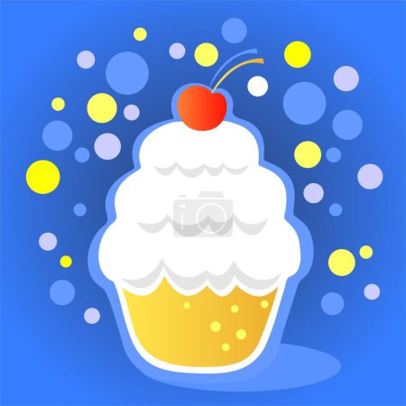 Téléchargez les illustrations : Cupcake dessin animé avec cerise sur un fond bleu. - en licence libre de droit