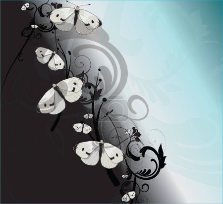 Ilustración de Mariposas blancas sobre un degradado fondo negro / azul / blanco con motivos floridos. - Imagen libre de derechos
