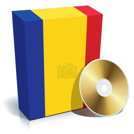 Téléchargez les illustrations : Boîte à logiciels roumaine avec drapeau national couleurs et CD. - en licence libre de droit