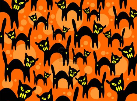 Illustration for Cartoon black cats on an orange background. Halloween illustration. - Royalty Free Image