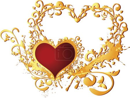Illustration for Enamoured heart in a gold frame against a gold vegetative ornament - Royalty Free Image