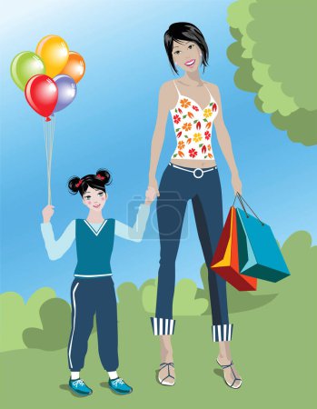 Téléchargez les illustrations : Illustration d'une femme avec sa fille faisant du shopping - en licence libre de droit