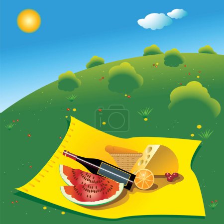 Téléchargez les illustrations : Scène de pique-nique avec couverture jaune, fromage, vigne, pain et pastèques - en licence libre de droit