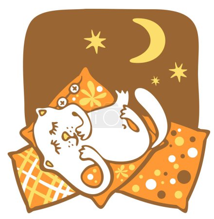 Illustration for The amusing white cat sleeps on pillows on a background of the night sky. - Royalty Free Image