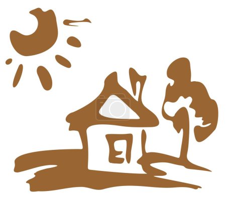 Ilustración de Dibujos animados casa rural y sol sobre un fondo blanco. - Imagen libre de derechos