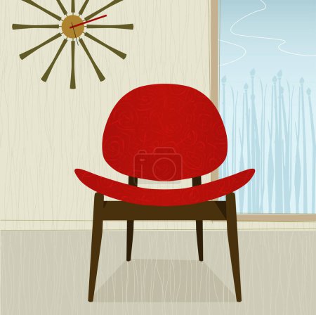 Téléchargez les illustrations : Chaise et horloge rouges rétro-modernes ; colorées et stylisées. Chaque élément est groupé de sorte que vous pouvez les utiliser indépendamment de l'arrière-plan. Fichier en couches facile à éditer. - en licence libre de droit
