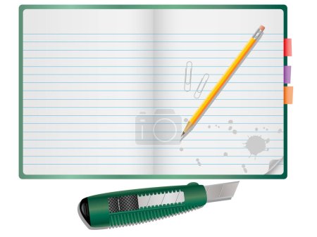 Ilustración de Bloc de notas vectorial con lápiz, clips de papel y cuchillo. - Imagen libre de derechos