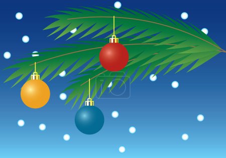 Ilustración de Tarjeta de Navidad. Una rama de árbol de pelaje con esferas multicolores. Una ilustración vectorial. - Imagen libre de derechos