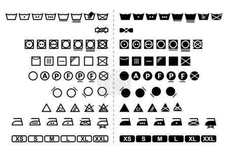 Téléchargez les illustrations : Icône Jeu de symboles de lavage / noir et blanc / vecteur - en licence libre de droit
