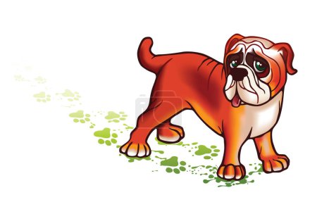 Illustration for Lovely dog with green tracks on the white floor - Royalty Free Image