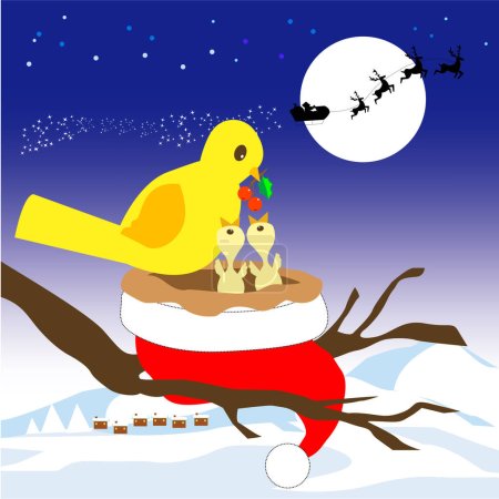 Téléchargez les illustrations : Père Noël a donné son chapeau pour les oiseaux jaunes comme un cadeau, dessin animé, vecteur - en licence libre de droit