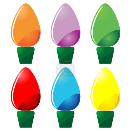Téléchargez les illustrations : Lumières de Noël de six couleurs différentes sur fond blanc - en licence libre de droit