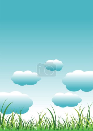 Téléchargez les illustrations : Champ d'herbe verte sur ciel bleu nuageux - en licence libre de droit