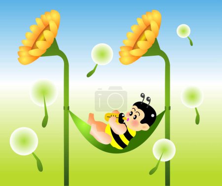 Téléchargez les illustrations : Illustration vectorielle pour un bébé abeille buvant du lait sur une balançoire. - en licence libre de droit