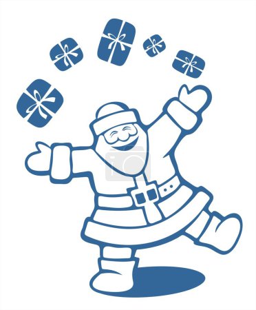 Téléchargez les illustrations : Joyeux Père Noël jongle avec des boîtes-cadeaux. Illustration de Noël. - en licence libre de droit