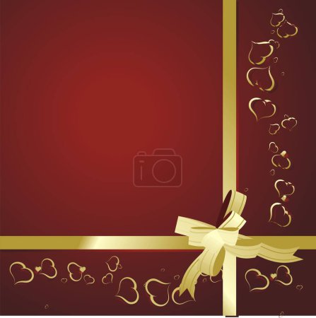 Illustration for Many small hearts on a red background tied up by a gold tape with a bow - Royalty Free Image