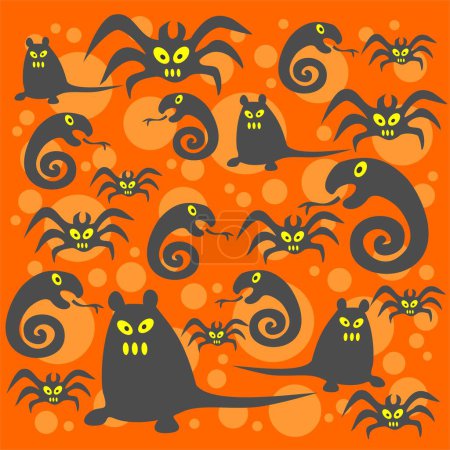 Illustration for Monsters pattern on an orange background. Halloween illustration. - Royalty Free Image