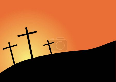 Ilustración de Tres cruces silueta Pascua y amanecer / atardecer - Imagen libre de derechos