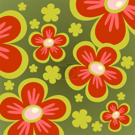 Illustration for Ornate red flowers  pattern on a green background. - Royalty Free Image