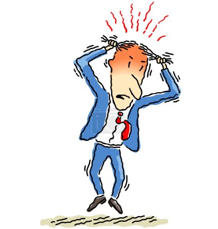 Illustration for Vector illustration of an angry, red faced businessman, jumping up and down and pulling his hair out. - Royalty Free Image