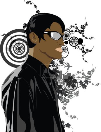 Ilustración de Muchacho de moda en una camisa de moda, con gafas de sol negras. En el fondo abstracto-florecer elementos de diseño. - Imagen libre de derechos