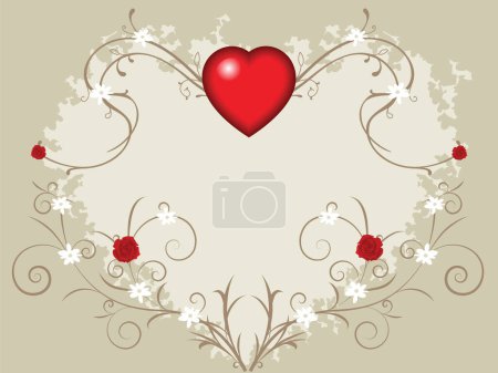 Illustration for Valentine background with big heart, roses and small flowers on vines - Royalty Free Image