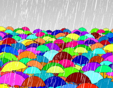 Illustration for Editable vector illustration of umbrellas in rain - Royalty Free Image