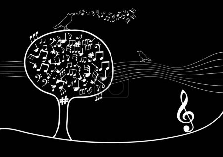 Illustration for Musical tree with notes inside and bird white on black illustratio - Royalty Free Image