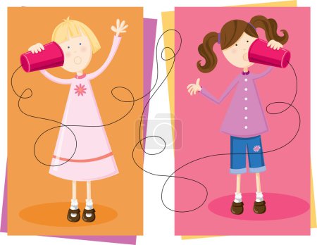 Illustration for Two young girls chatting on toy cup telephones - Royalty Free Image