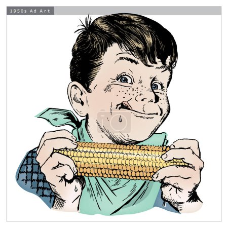 Illustration for Vintage 1950s etched-style boy eating corn on the cob; detailed black and white from authentic hand-drawn scratchboard includes full colorization. - Royalty Free Image