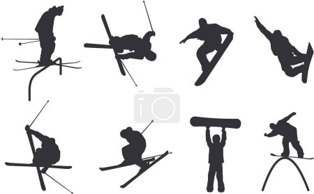 Téléchargez les illustrations : Images en silhouette de skieurs et snowboardeurs. Également disponible en vecteur. - en licence libre de droit