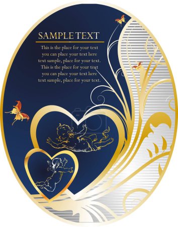 Illustration for Hearts with cupids, butterflies, the block for the text and horizontal lines on a dark blue background - Royalty Free Image