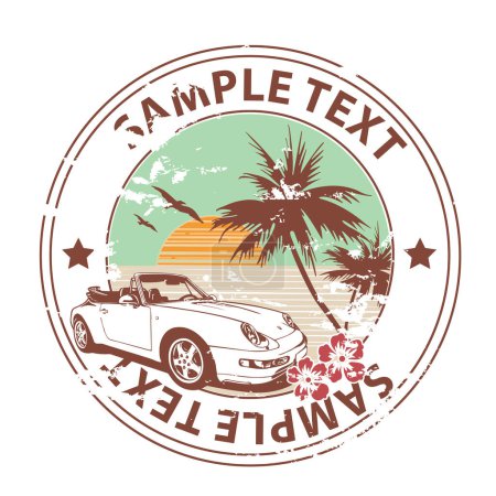 Illustration for Grungy summer design with palms, flying seagulls, flowers, car and with a detached place for sample texts. - Royalty Free Image