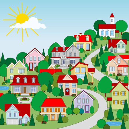 Illustration for Little town - Houses image - color illustration - Royalty Free Image