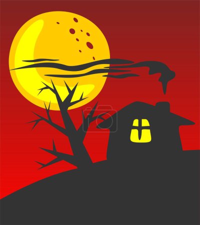 Illustration for Rural house silhouette on a red background. Halloween illustration. - Royalty Free Image